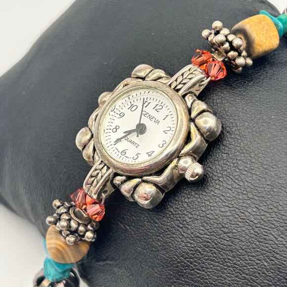 Vintage Geneva Beaded WR St. Steel Women’s Quartz Watch 22mm Working - Picture 2 of 8